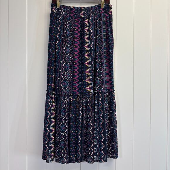 Knox Rose Womens Boho Tribal Geometric Tiered Maxi Skirt Size M Indie Carefree - Picture 1 of 6